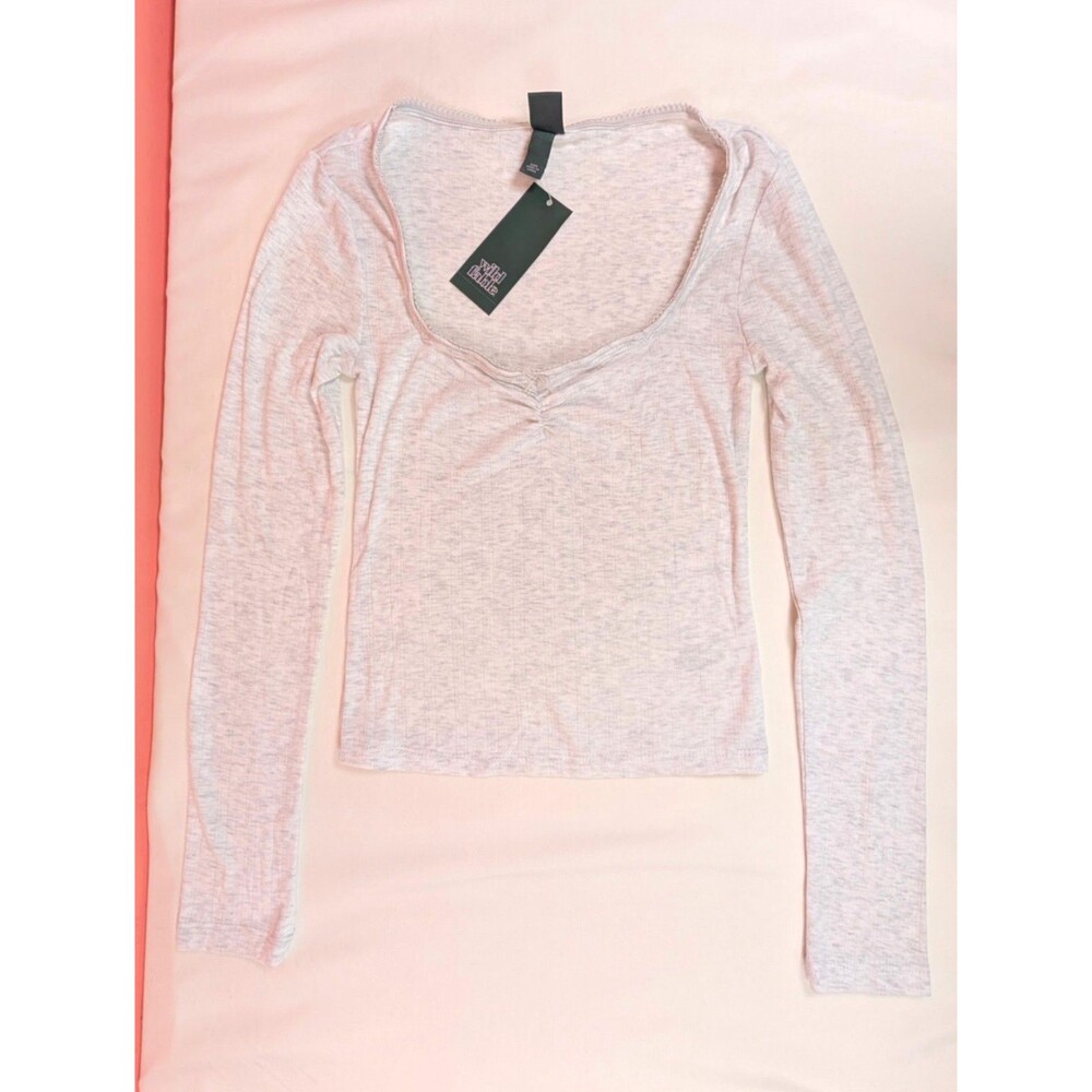 Women's Wild Fable Cinched Long Sleeve Pointelle Scoop Neck Top Gray
